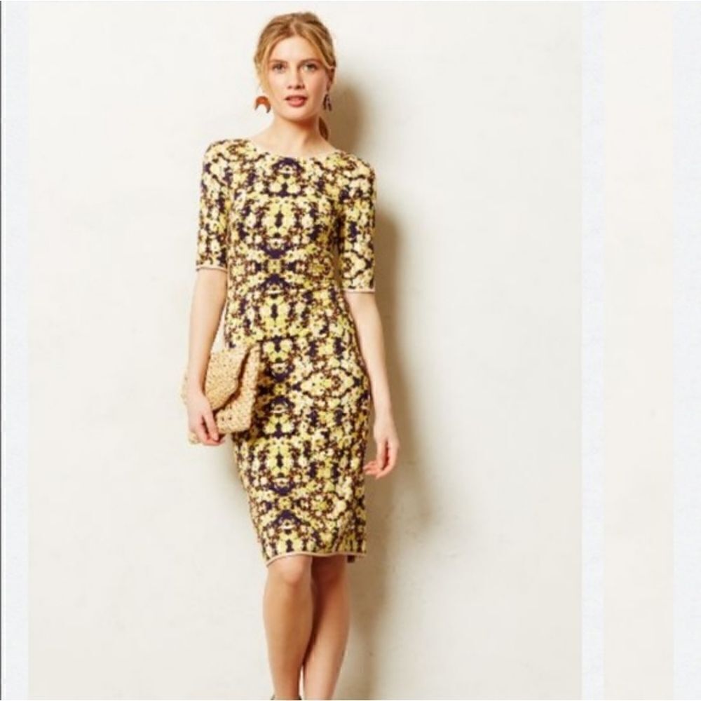 Anthropologie Floral Bodycon Scoop Back Dress Short Sleeve Midi XSMALL
